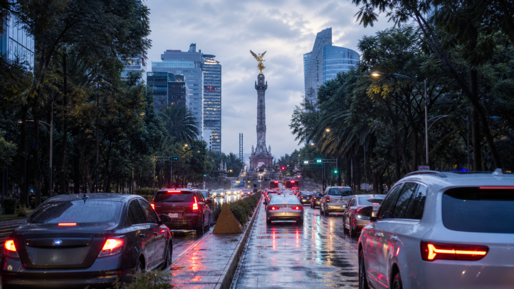Avenida de la Ciudad de México con tráfico matutino, pavimento mojado y cielo nublado tras la lluvia.