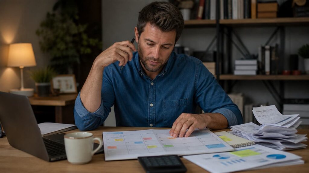 Persona emprendedora revisa un calendario de cobros y pagos de una pequeña empresa