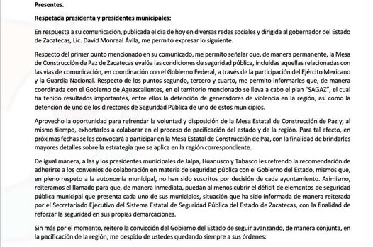 Carta del secretario general de Gobierno de Zacatecas dirigida a presidentes municipales sobre coordinación y seguridad pública